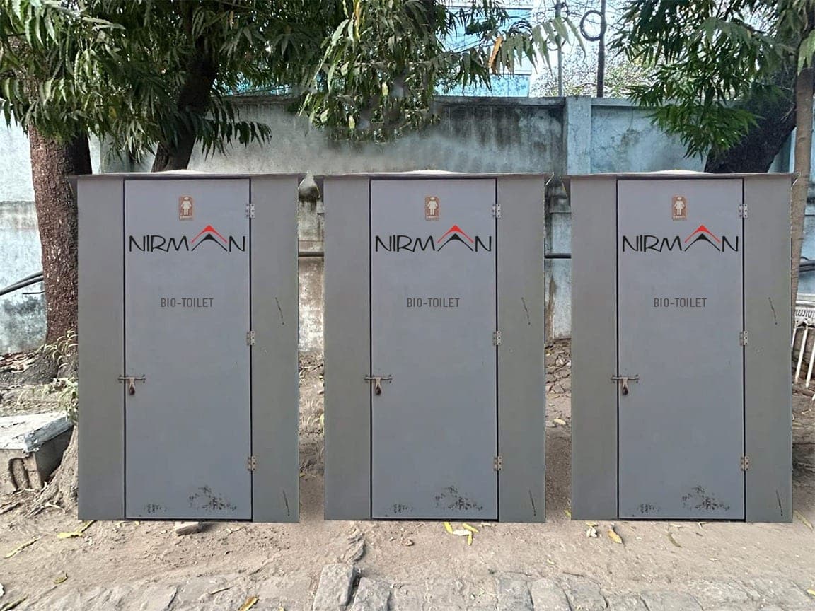 Three finished bio-toilet units side by side