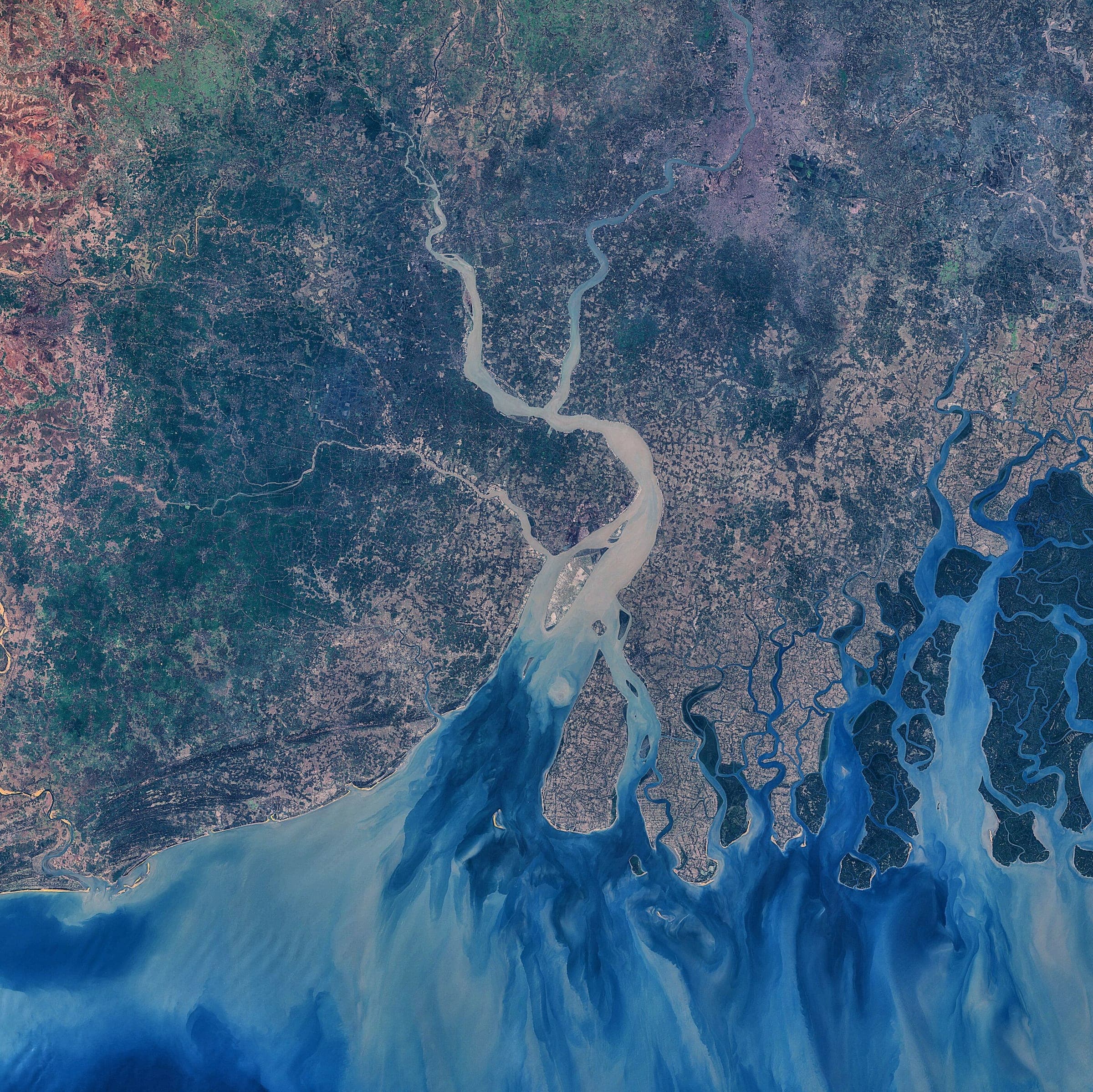 Satellite image of river channels braiding through the Ganges delta into the Bay of Bengal